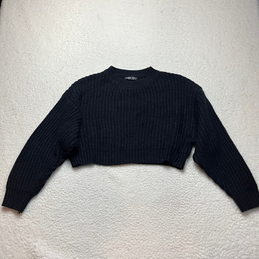 SHEIN Sweater Womens S Black Cropped Chunky Ribbed Knit Crewneck Pullover 4473 - Picture 2 of 8